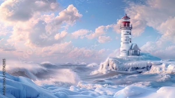 Fototapeta A lighthouse with a red roof stands on a small island, surrounded by frozen ocean water. Waves crash and roll against the shore, covered in a thick layer of ice. The sky above is filled with fluffy cl