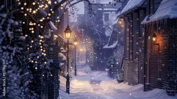 Fototapeta Snow falls softly onto the cobblestone street, illuminated by the warm glow of street lamps and twinkling Christmas lights. The buildings are covered in a blanket of fresh snow, and the air is crisp a