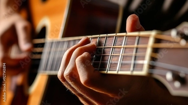 Fototapeta Acoustic Guitarist's Hands in Action: A Close-Up View