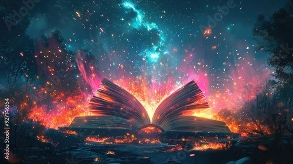 Obraz Open book ablaze in mystical forest. A captivating image to represent imagination, knowledge, and the power of storytelling.