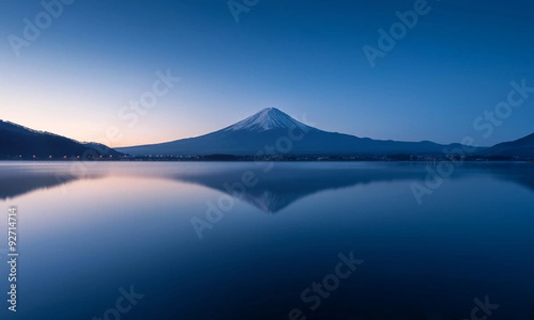Obraz góra Fuji o świcie z spokojnym odbiciem jeziora