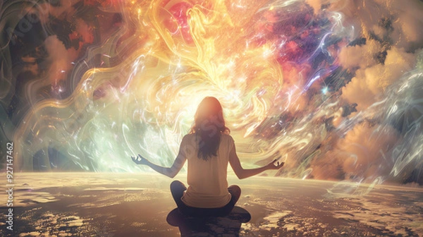 Obraz a person sitting in a lotus position, surrounded by an orange and yellow light effect.