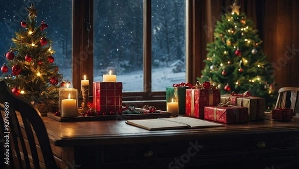 Fototapeta christmas time and desk of free space for your decoration