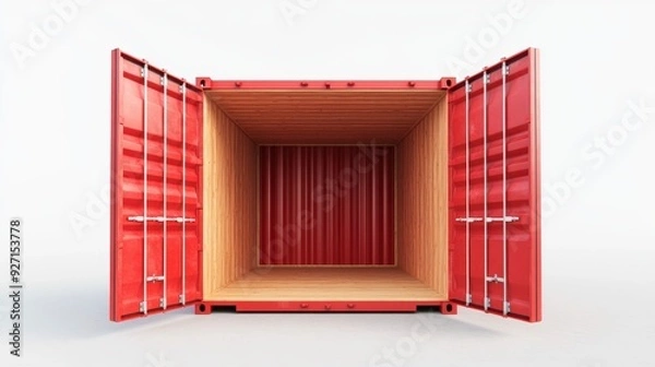 Fototapeta Open red cargo container with wooden interior on white background.