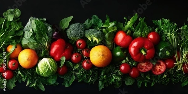Fototapeta Fresh colorful vegetables, including broccoli, tomatoes, peppers, and oranges, arranged on a dark background.