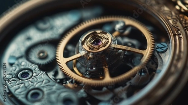 Fototapeta Vintage Pocket Watch Mechanism: A Close-Up Look at Intricate Gears 1