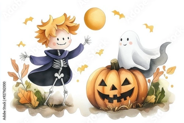 Fototapeta Watercolor Skeleton Dancing with Pumpkin and Ghost on Transparent Background