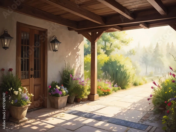 Obraz 家の玄関前に木漏れ日が差し込んでいる