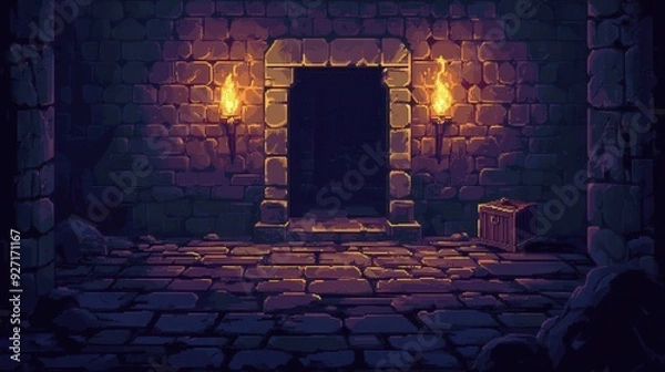 Fototapeta A dimly lit stone corridor with a doorway and torches, evoking a dungeon atmosphere.