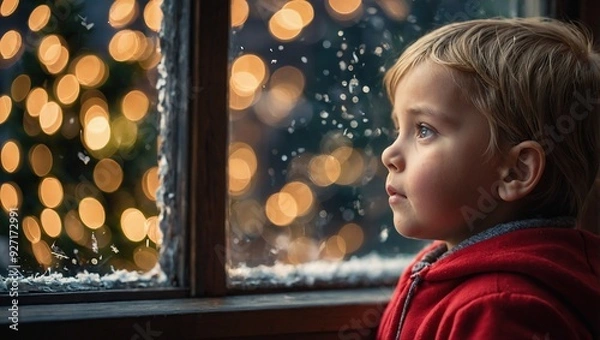 Fototapeta Child looks out the window on christmas of Jesus Christ 