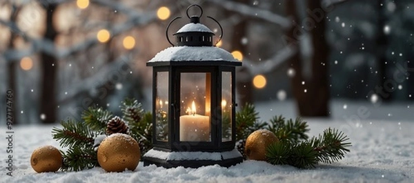 Fototapeta Christmas Lantern On Snowy Table With Fir Branches And Ornaments