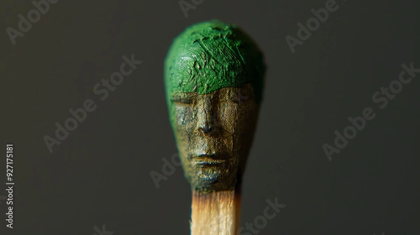 Obraz It's a green, small, human-like head sculpture on a burnt matchstick.

