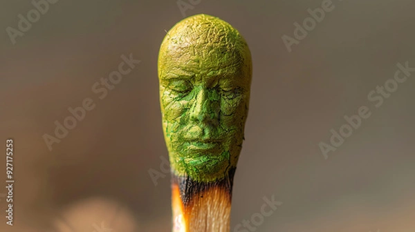 Obraz It's a green, small, human-like head sculpture on a burnt matchstick.

