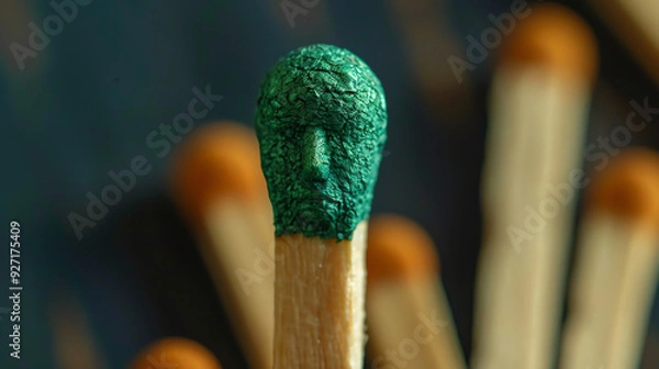 Obraz It's a green, small, human-like head sculpture on a burnt matchstick.

