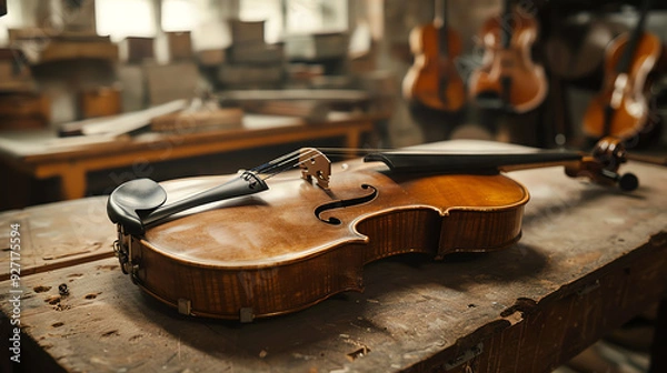 Obraz This is a brown, shiny violin, resting on a wooden surface.

