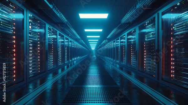 Obraz This is a long, narrow room with rows of servers, lit with pink and blue neon lights.

