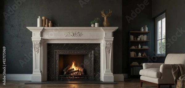 Fototapeta Large traditional fireplace with roaring fire. Empty mantle piece mockup shelf