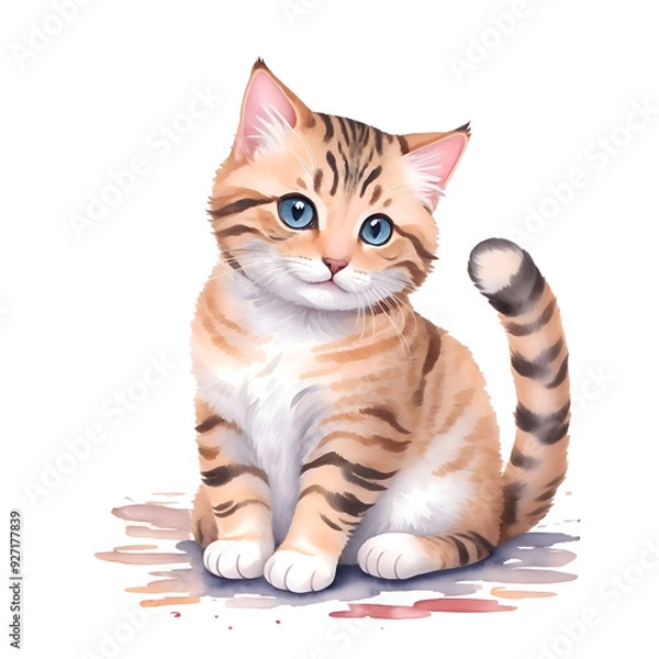 Fototapeta Watercolor Painting of curious tabby kitten with captivating eyes png clipart