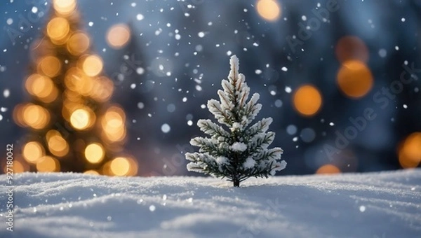 Fototapeta Empty white snow with blur Christmas tree with bokeh light background
