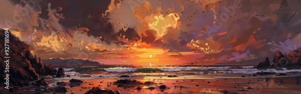 Fototapeta A digital painting depicts a colorful sunset over a rocky beach with a calm sea and a few birds flying in the sky. The setting sun is partially obscured by dramatic clouds, casting an orange glow acro