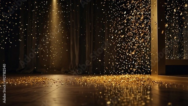 Fototapeta Golden confetti rain on festive stage with light beam in the middle, empty room at night mockup with copy space for award ceremony, jubilee, New Year's party or product presentations