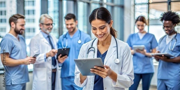 Fototapeta group of happy doctors working in the modern medical center.