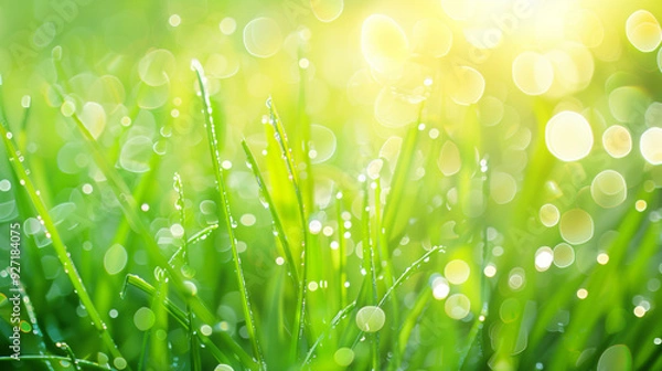 Fototapeta Green background Close-up of dewy grass