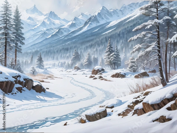 Obraz 冬の寒々しい田舎　雪が積もっている