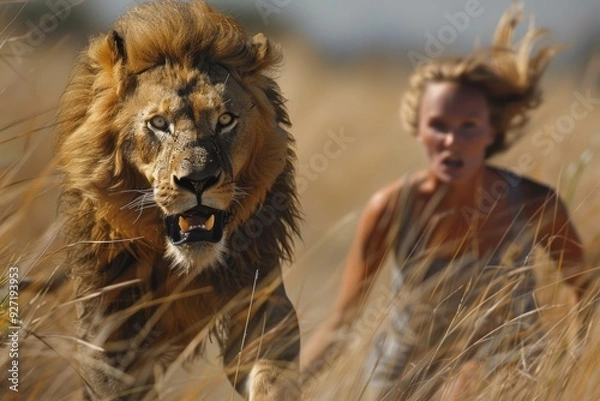 Obraz A woman runs through a field while being chased by an aggressive lion.