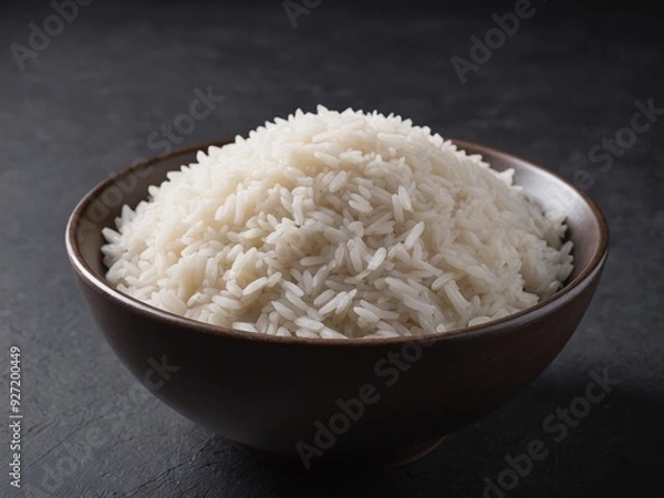 Obraz A close-up view of a bowl brimming with steamed white rice, set against a dark, textured backdrop that highlights the essence of the food and its simplicity