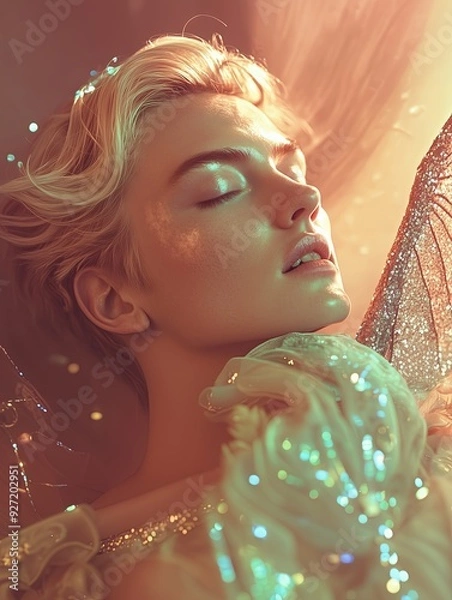 Fototapeta Close-up of a serene blonde woman with closed eyes, bathed in warm, ethereal light, wearing a delicate, shimmering outfit that adds to the dreamlike atmosphere.