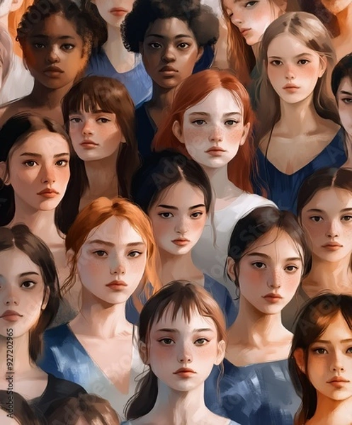 Fototapeta Close-up illustration of diverse women, each with unique facial features and expressions, in a painterly art style. The image emphasizes diversity, beauty, and individuality.