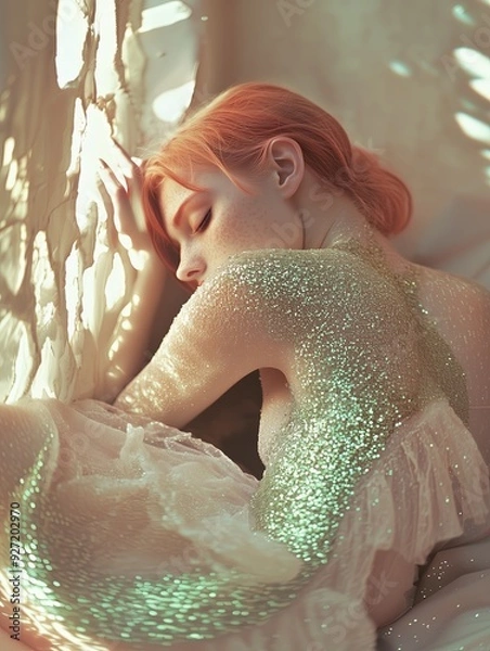 Fototapeta A serene woman with red hair rests against a textured wall, her back adorned with shimmering glitter that catches the soft light, creating a dreamy, ethereal atmosphere.