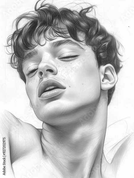 Fototapeta A detailed pencil sketch of a young man with closed eyes and a sensual expression, capturing the softness of his features and the texture of his tousled hair.