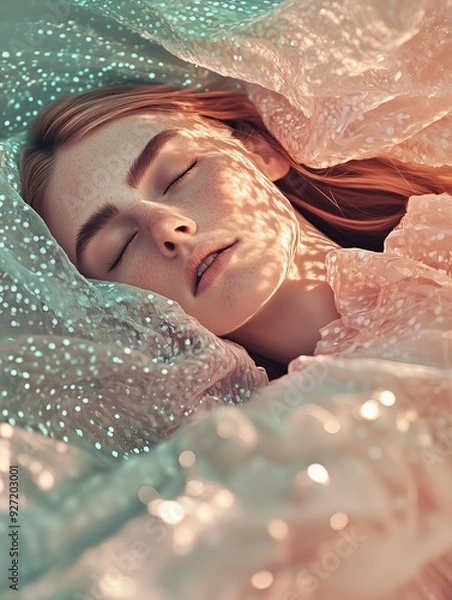 Fototapeta A serene woman with closed eyes lies peacefully, enveloped in shimmering, soft pastel fabric, with delicate light patterns creating an ethereal, dreamlike atmosphere.
