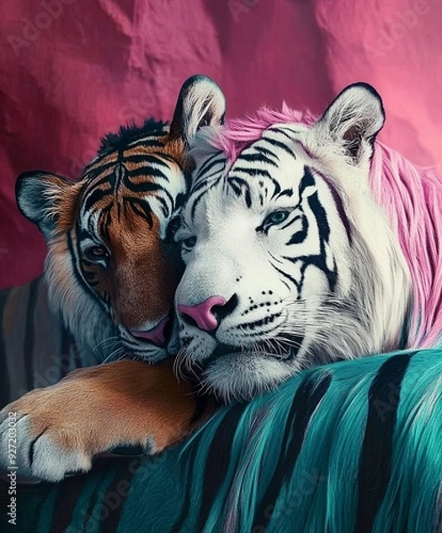 Fototapeta A close-up of two tigers, one with natural orange fur and the other with white and pink fur, resting closely together. The vibrant colors create a surreal
