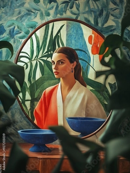 Fototapeta A woman gazes into a mirror, her reflection surrounded by lush plants and abstract art in vibrant colors, creating a blend of realism and artistic abstraction.