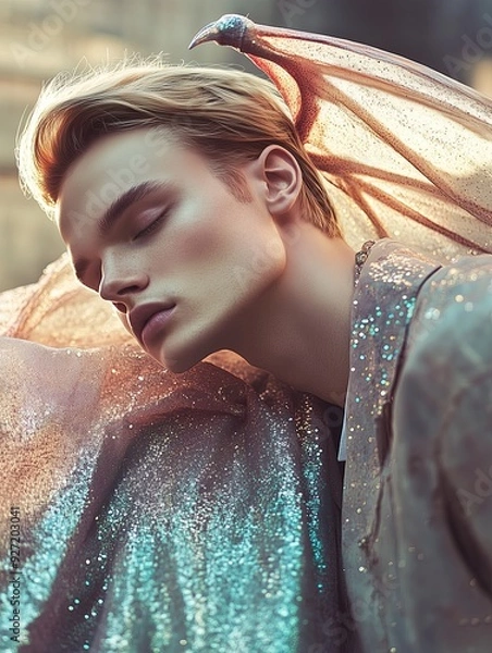 Fototapeta Portrait of a serene young man with closed eyes, leaning against shimmering fabric with ethereal dragon-like wings, bathed in soft, glowing light.