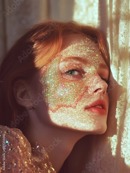 Fototapeta A close-up portrait of a red-haired woman with glitter on her face, illuminated by soft, warm light that casts delicate shadows through lace, creating a magical and ethereal atmosphere.