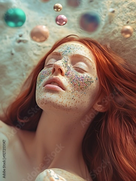 Fototapeta A serene redhead woman with eyes closed, her face adorned with colorful glitter and surrounded by floating orbs, creating a magical and ethereal atmosphere.