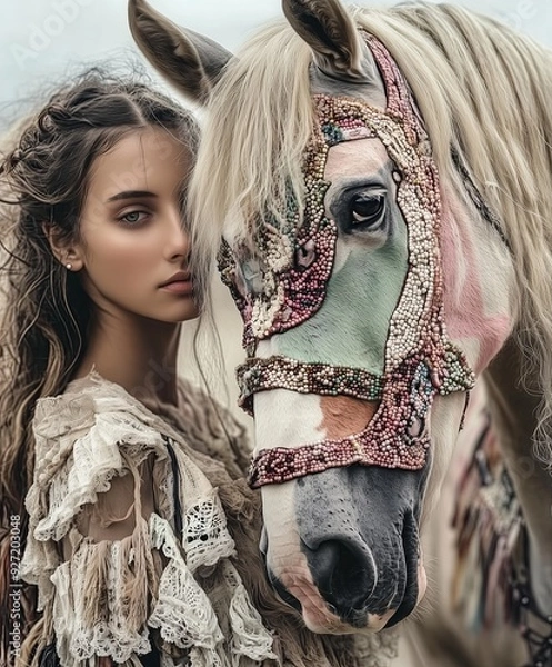 Fototapeta A young woman with a serene expression stands close to a horse adorned in an intricately beaded and embroidered bridle, creating a mystical and artistic connection between them..