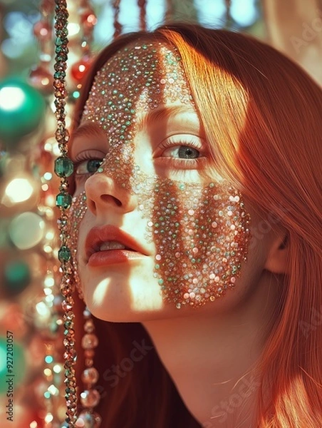 Fototapeta A close-up portrait of a red-haired woman with glitter art on her face, illuminated by warm sunlight that creates shimmering reflections from surrounding beads, giving a magical and vibrant effect.