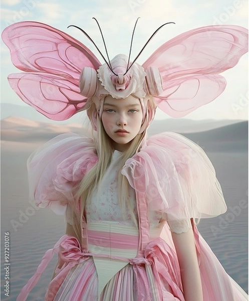 Fototapeta A young woman stands in a surreal desert, dressed in an elaborate pink costume resembling a butterfly. Her attire features large, delicate wings and soft, flowing fabric.