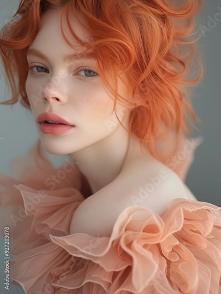 Fototapeta A serene portrait of a red-haired woman with delicate freckles, wearing a soft peach ruffled dress. Her pale complexion and calm expression radiate elegance and timeless beauty.