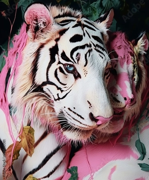 Fototapeta  close-up of two tigers with striking black and white fur, accented by pink hues. The tigers are entwined, creating an intimate and artistic portrayal of nature and fantasy.
