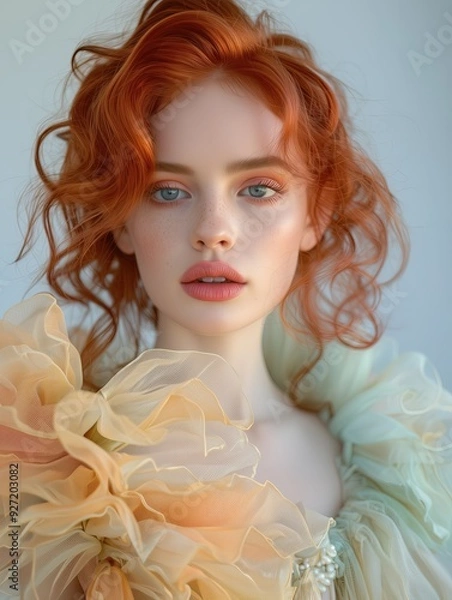 Fototapeta A captivating portrait of a red-haired woman with soft freckles, wearing an intricate ruffled dress in pastel colors, showcasing elegance and delicate beauty against a soft, neutral background.