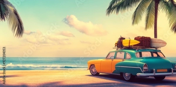 Fototapeta Vintage car with luggage and surfboard parked on a beach with a palm tree, evoking a classic summer vacation vibe.