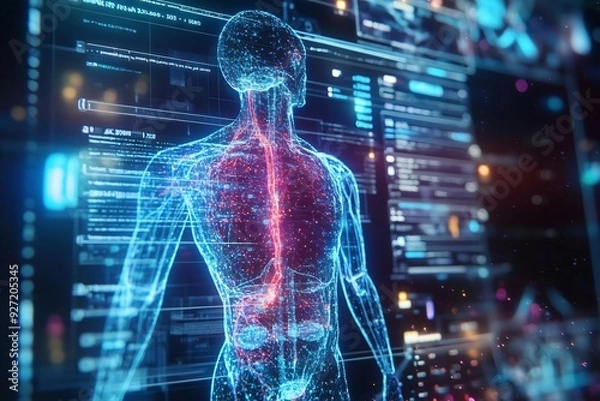 Fototapeta Futuristic graphic representation of a human anatomy overlaid with digital data and glowing elements, symbolizing technology and health.