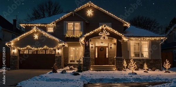 Fototapeta  A modern luxury home exterior decorated with white Christmas lights along the roof and a lit-up reindeer on the lawn