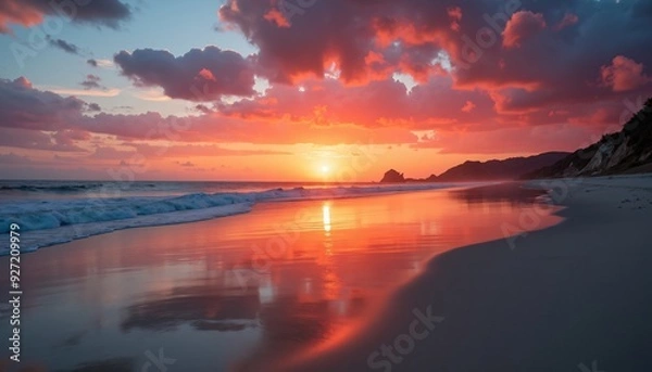 Fototapeta Stunning Sunset Over Calm Ocean with Vibrant Red and Orange Sky Reflecting on Serene Beach Shoreline - Tranquil Nature Scene Captured at Golden Hour